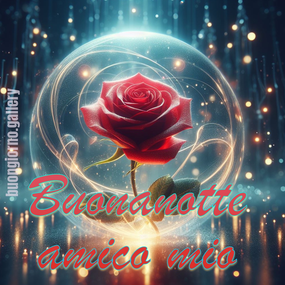 Link di buonanotte per un amico, con una rosa rossa circondata da scie luminose, per augurare sogni luminosi e dolci.