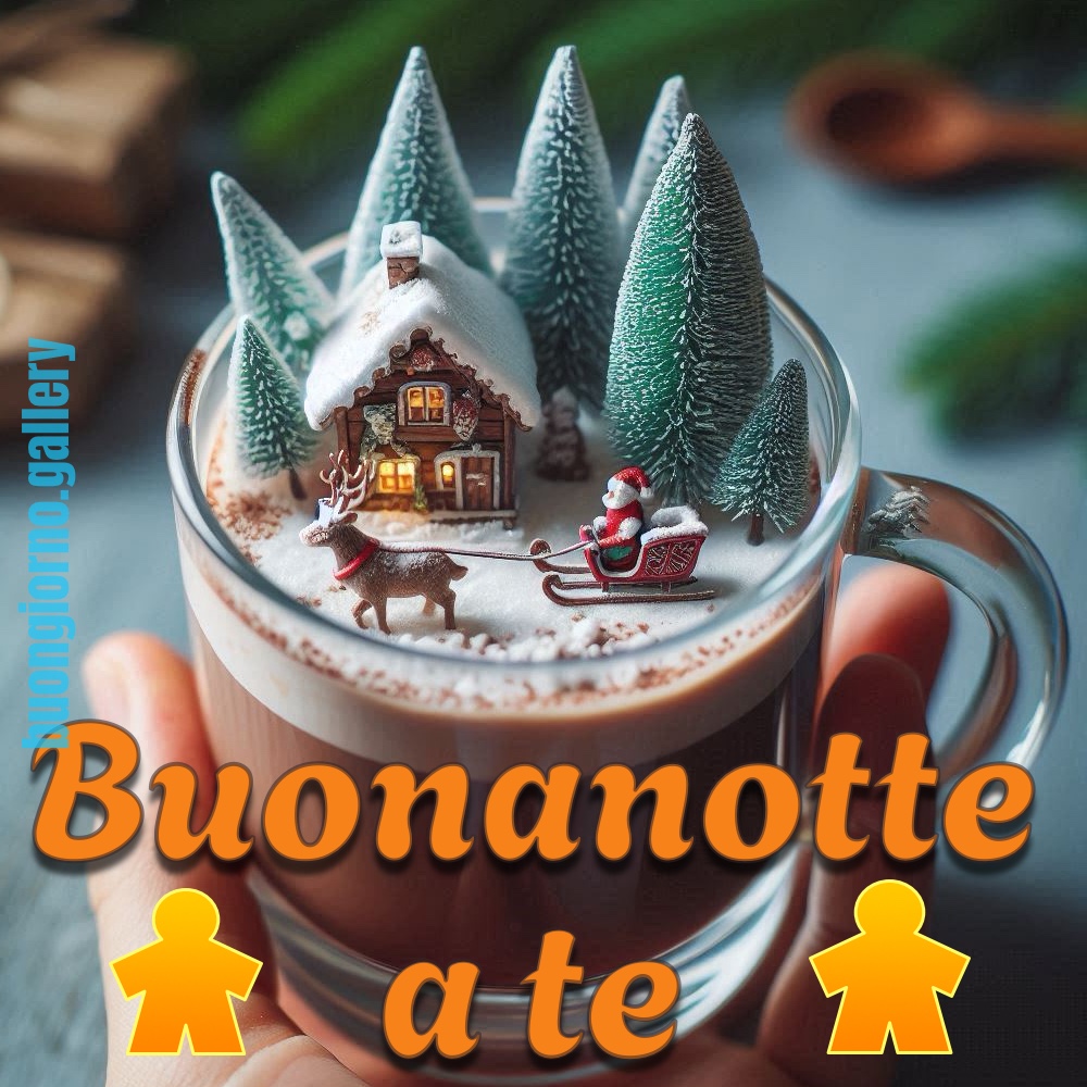 L'augurio della buonanotte con l'immagine di una tazza di cioccolata che in realtà è un paesaggio natalizio.